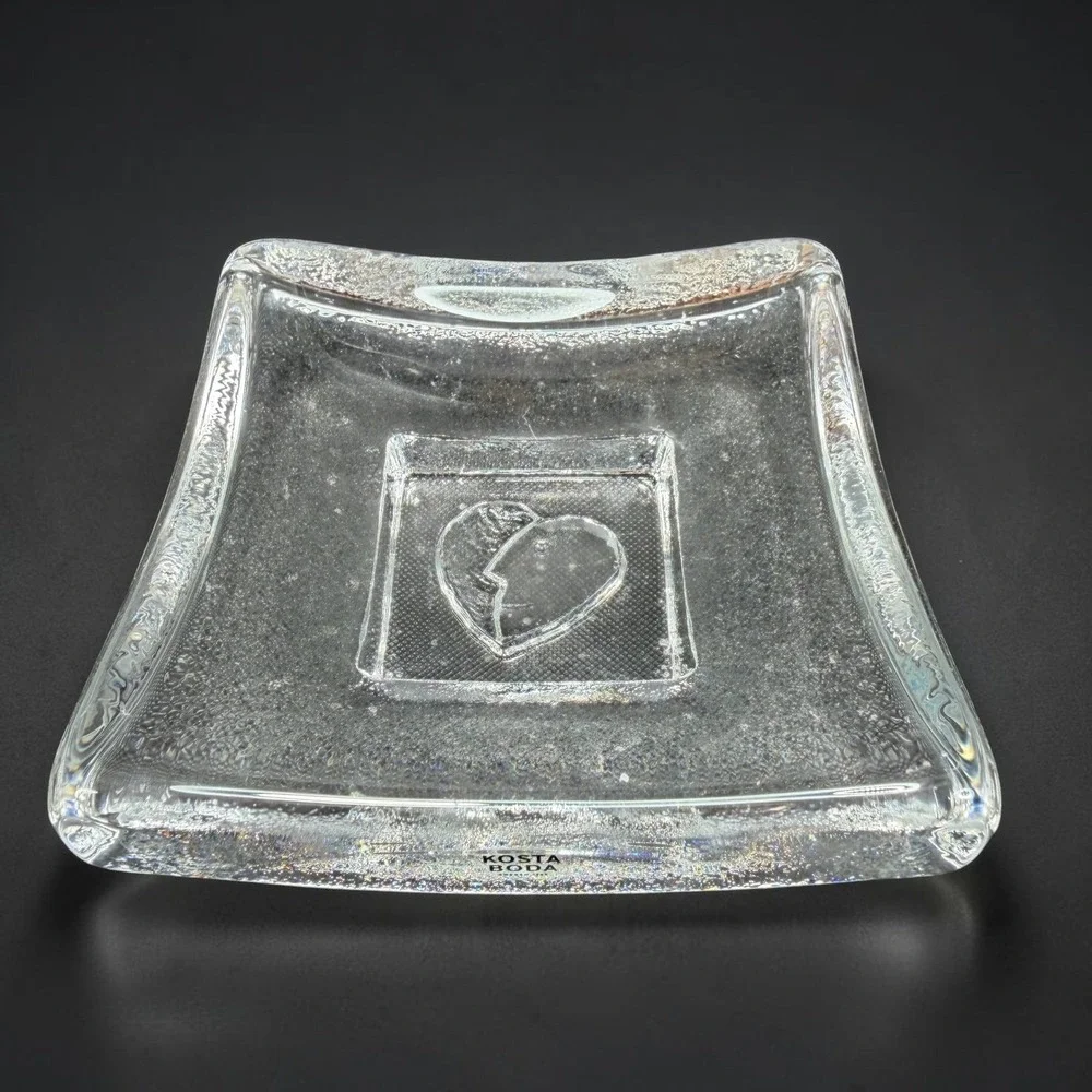 Kosta Boda Swedish Glass Square Heart Footed Dish Clear Bertil Vallien Saturday
